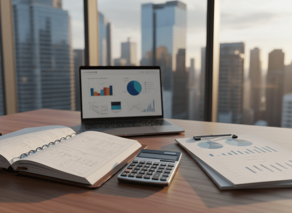 A neatly arranged financial planning workspace on a modern walnut desk, featuring an open leather-bound planner filled with tidy handwritten notes, a sleek silver calculator, and a stack of organized paper reports with discreet pie charts and bar graphs. A slim laptop sits to the side, its screen softly glowing with abstract financial dashboards without readable text. The scene is set near a large window in a contemporary office, with a blurred city skyline beyond. Late afternoon natural light bathes the desk, creating gentle highlights on metal edges and soft shadows under documents. Photographic realism, eye-level composition with a shallow depth of field keeps the focus on the tools of planning, conveying trust, clarity, and professional guidance.