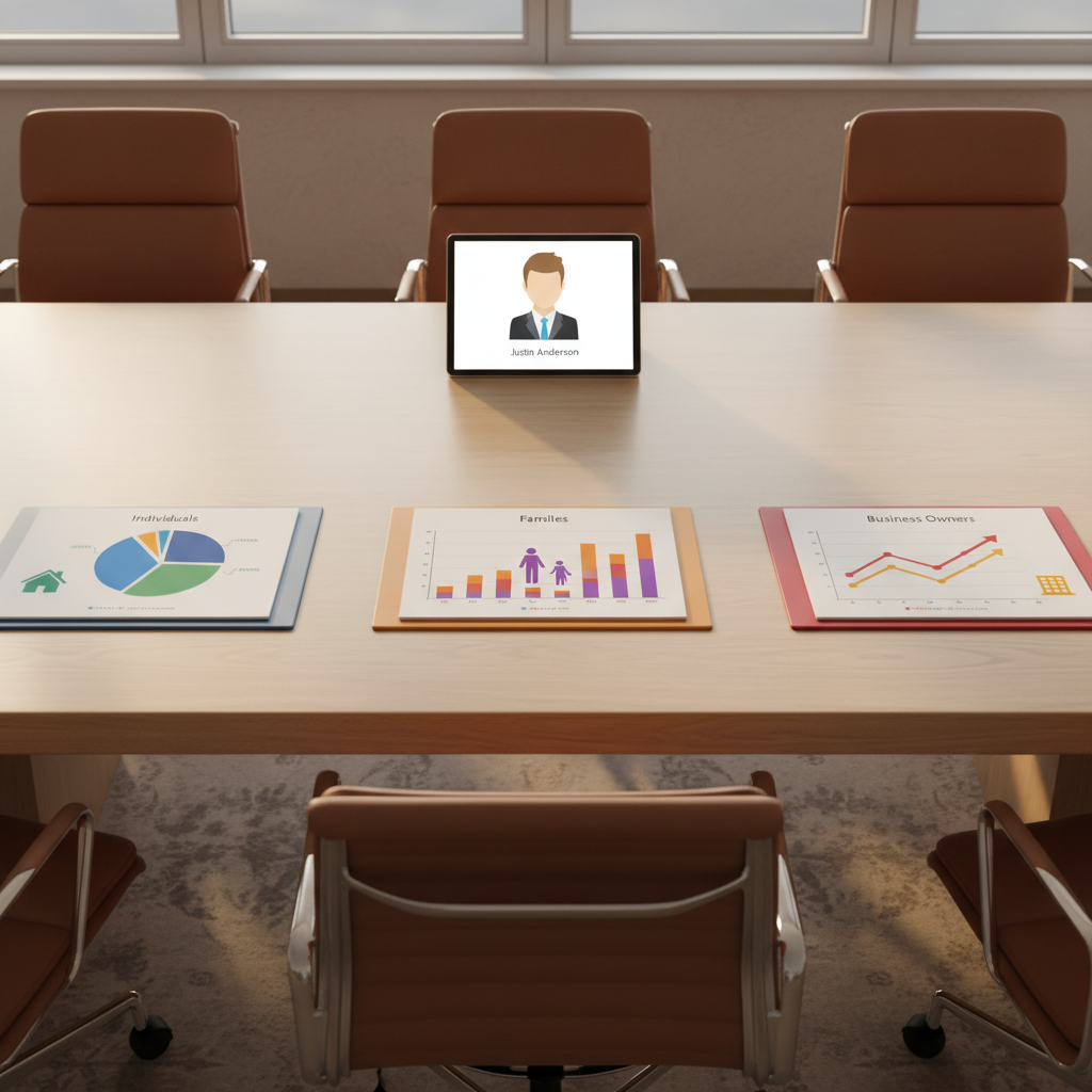 A polished conference table made of light oak with three distinct sets of open, text-free financial folders arranged in front of three empty, high-backed chairs, representing individuals, families, and business owners. Each folder contains colorful, icon-based charts—pie charts, bar graphs, and growth lines—indicating diversified planning. At the end of the table, a tablet displays a stylized, minimalist portrait icon of Justin Anderson, suggesting his guiding role. Warm afternoon light from floor-to-ceiling windows fills the room, creating soft reflections on the table surface. Photographic realism with a wide-angle, slightly elevated view, balanced composition, and a calm, reassuring mood suitable for a professional financial planning website.