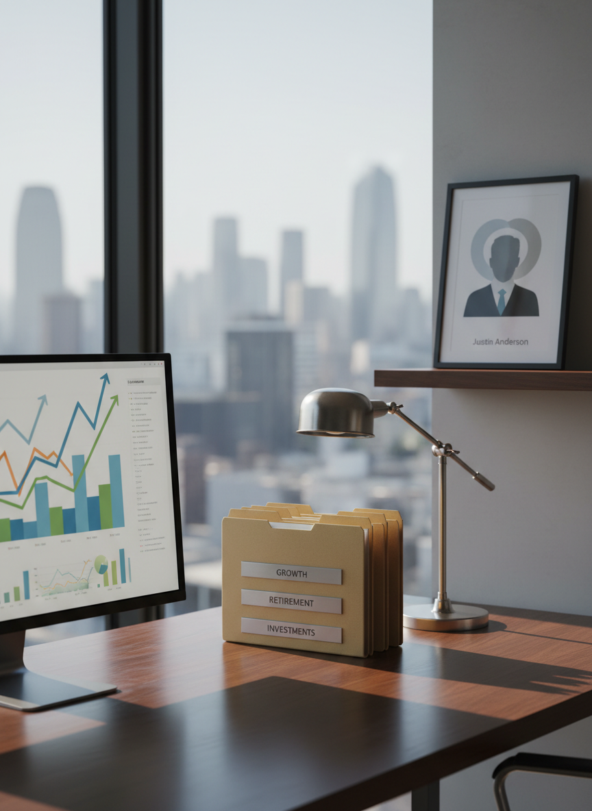 A clean, modern financial planning workspace featuring a sleek dark wood desk with a large curved computer monitor displaying colorful, upward-trending charts and graphs. Beside it, a neat stack of organized folders with metallic labels suggests long-term planning. A framed, text-free “headshot” style abstract icon of Justin Anderson—simple geometric shapes forming a professional silhouette—rests on a side shelf. Soft morning light pours through a large window, reflecting gently off a brushed metal desk lamp and casting subtle shadows. Photographic realism, eye-level composition, with a shallow depth of field that keeps the desk in sharp focus while the city skyline beyond the window blurs, creating a calm, confident, and professional atmosphere.